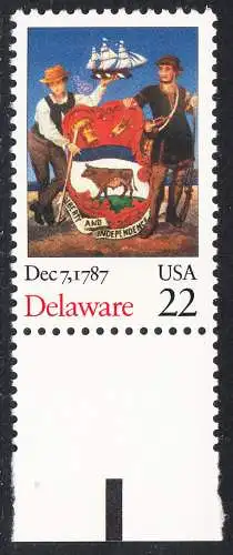 USA Michel 1933 / Scott 2336 postfrisch EINZELMARKE RAND unten (a2) - 200. Jahrestag der Ratifizierung der Verfassung durch den Staat Delaware: Zwei Männer mit Staatswappen