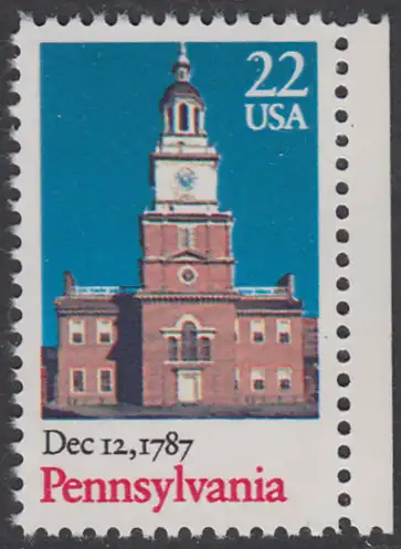 USA Michel 1942 / Scott 2337 postfrisch EINZELMARKE RAND rechts - 200. Jahrestag der Ratifizierung der Verfassung durch den Staat Pennysylvania: Independence Hall, Philadelphia, PA