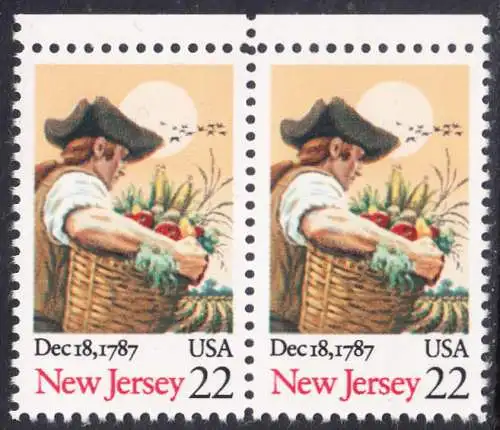 USA Michel 1948 / Scott 2338 postfrisch horiz.PAAR RÄNDER oben - 200. Jahrestag der Ratifizierung der Verfassung durch den Staat New Jersey: Farmer mit Früchtekorb