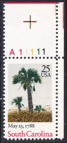 USA Michel 1979 / Scott 2343 postfrisch EINZELMARKE ECKRAND oben rechts m/ Platten-# A11111 (a2) - 200. Jahrestag der Ratifizierung der Verfassung durch den Staat South Carolina: Palmen am Strand