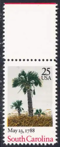 USA Michel 1979 / Scott 2343 postfrisch EINZELMARKE RAND oben (a2) - 200. Jahrestag der Ratifizierung der Verfassung durch den Staat South Carolina: Palmen am Strand