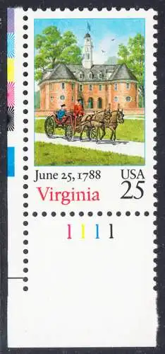 USA Michel 1987 / Scott 2345 postfrisch EINZELMARKE ECKRAND unten links m/ Platten-# 1111 - 200. Jahrestag der Ratifizierung der Verfassung durch den Staat Virginia: Capitol-Gebäude im Colonial National History Park, Williamsburg