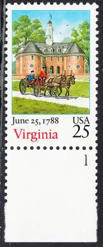 USA Michel 1987 / Scott 2345 postfrisch EINZELMARKE RAND unten m/ Platten-# 1 - 200. Jahrestag der Ratifizierung der Verfassung durch den Staat Virginia: Capitol-Gebäude im Colonial National History Park, Williamsburg