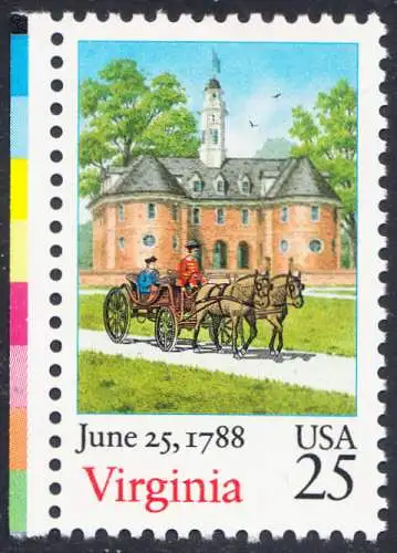 USA Michel 1987 / Scott 2345 postfrisch EINZELMARKE RAND links - 200. Jahrestag der Ratifizierung der Verfassung durch den Staat Virginia: Capitol-Gebäude im Colonial National History Park, Williamsburg