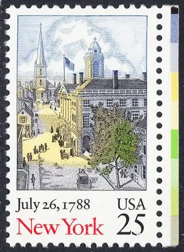 USA Michel 1992 / Scott 2346 postfrisch EINZELMARKE RAND rechts - 200. Jahrestag der Ratifizierung der Verfassung durch den Staat New York: Wallstreet mit Federal Hall und Trinity Church, New York