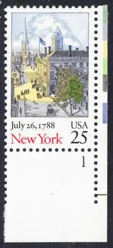 USA Michel 1992 / Scott 2346 postfrisch EINZELMARKE ECKRAND unten rechts m/ Platten-# 1111 - 200. Jahrestag der Ratifizierung der Verfassung durch den Staat New York: Wallstreet mit Federal Hall und Trinity Church, New York