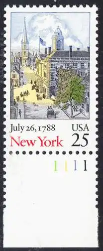 USA Michel 1992 / Scott 2346 postfrisch EINZELMARKE RAND unten m/ Platten-# 1 - 200. Jahrestag der Ratifizierung der Verfassung durch den Staat New York: Wallstreet mit Federal Hall und Trinity Church, New York