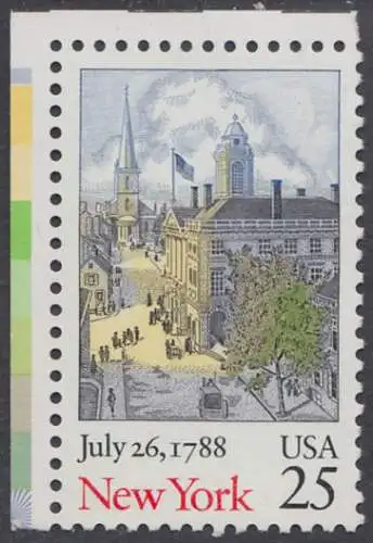 USA Michel 1992 / Scott 2346 postfrisch (Gumm.besch.)  EINZELMARKE ECKRAND oben links - 200. Jahrestag der Ratifizierung der Verfassung durch den Staat New York: Wallstreet mit Federal Hall und Trinity Church, New York