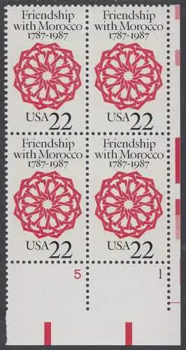 USA Michel 1934 / Scott 2349 postfrisch (Gumm.besch.) PLATEBLOCK ECKRAND unten rechts m/ Platten-# 1 - 200 Jahre diplomatische Beziehungen mit Marokko: Arabeske