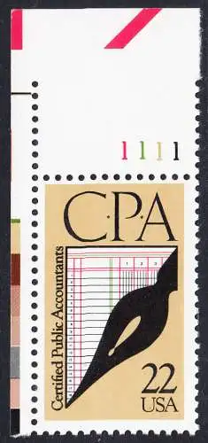 USA Michel 1950 / Scott 2361 postfrisch EINZELMARKE ECKRAND oben links m/ Platten-# 1111 - 100 Jahre staatlich zugelassene Wirtschaftsprüfer: Schreibfeder, Journal