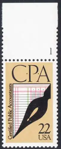 USA Michel 1950 / Scott 2361 postfrisch EINZELMARKE RAND oben m/ Platten-# 1 - 100 Jahre staatlich zugelassene Wirtschaftsprüfer: Schreibfeder, Journal
