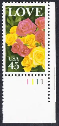 USA Michel 1993 / Scott 2379 postfrisch EINZELMARKE ECKRAND unten rechts m/ Platten-# 1111 - Grußmarke: Rosenstrauß