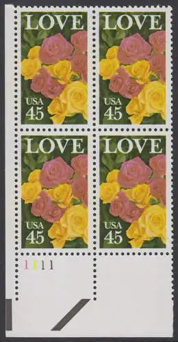 USA Michel 1993 / Scott 2379 postfrisch PLATEBLOCK ECKRAND unten links m/ Platten-# 1111 - Grußmarke: Rosenstrauß