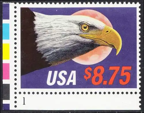 USA Michel 2014 / Scott 2394 postfrisch EINZELMARKE ECKRAND unten links m/ Platten-# 1 - Eilpostmarke: Weißkopfseeadler 