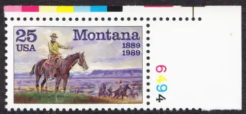 USA Michel 2027 / Scott 2401 postfrisch EINZELMARKE ECKRAND oben rechts m/ Platten-# 8494- 100 Jahre Staat Montana: Gemälde von C. M. Russell
