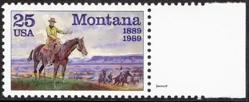 USA Michel 2027 / Scott 2401 postfrisch EINZELMARKE RAND rechtrs m/ Platten-# 1 - 100 Jahre Staat Montana: Gemälde von C. M. Russell