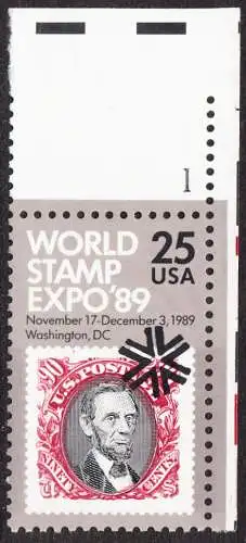 USA Michel 2036 / Scott 2410 postfrisch EINZELMARKE ECKRAND oben rechts m/ Platten-# 1 - Internationale Briefmarkenausstellung WORLD STAMP EXPO 89, Washington, DC: Marke USA MiNr. 35