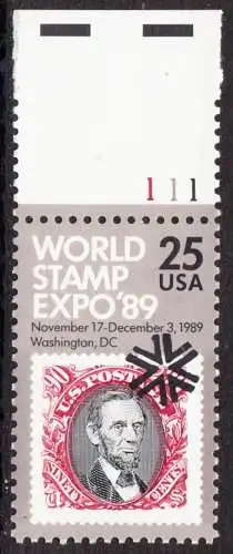 USA Michel 2036 / Scott 2410 postfrisch EINZELMARKE RAND oben m/ Platten-# 111 - Internationale Briefmarkenausstellung WORLD STAMP EXPO 89, Washington, DC: Marke USA MiNr. 35
