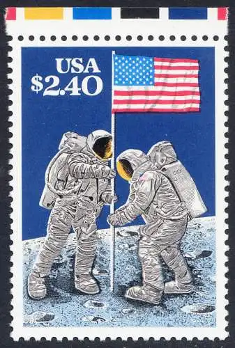 USA Michel 2046 / Scott 2419 postfrisch EINZELMARKE RAND oben - Schnellpostmarke: 20. Jahrestag der ersten bemannten Mondlandung; Astronauten Neil Armstrong (1930-2012) und Edwin Aldrin (*1930) mit amerikanischer Flagge