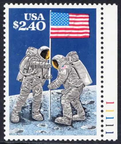 USA Michel 2046 / Scott 2419 postfrisch EINZELMARKE RAND rechts m/ Platten-# 11111 - Schnellpostmarke: 20. Jahrestag der ersten bemannten Mondlandung; Astronauten Neil Armstrong (1930-2012) und Edwin Aldrin (*1930) mit amerikanischer Flagge