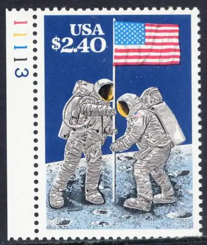 USA Michel 2046 / Scott 2419 postfrisch EINZELMARKE RAND links m/ Platten-# 11113 - Schnellpostmarke: 20. Jahrestag der ersten bemannten Mondlandung; Astronauten Neil Armstrong (1930-2012) und Edwin Aldrin (*1930) mit amerikanischer Flagge