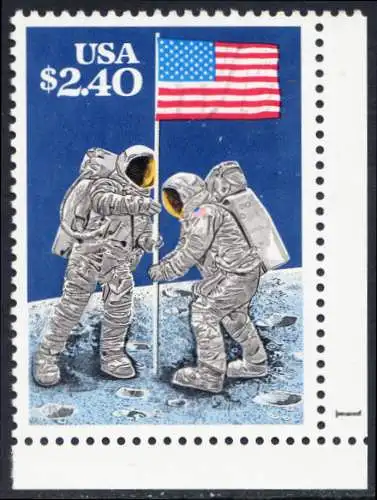 USA Michel 2046 / Scott 2419 postfrisch EINZELMARKE ECKRAND unten rechts m/ Platten-# 1 - Schnellpostmarke: 20. Jahrestag der ersten bemannten Mondlandung; Astronauten Neil Armstrong (1930-2012) und Edwin Aldrin (*1930) mit amerikanischer Flagge
