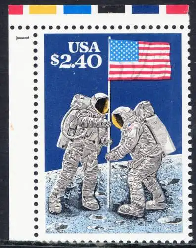 USA Michel 2046 / Scott 2419 postfrisch EINZELMARKE ECKRAND oben links m/ Platten-# 1 - Schnellpostmarke: 20. Jahrestag der ersten bemannten Mondlandung; Astronauten Neil Armstrong (1930-2012) und Edwin Aldrin (*1930) mit amerikanischer Flagge