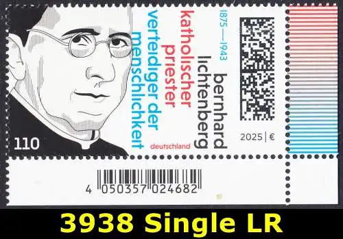 BUND 2025 Michel-# 3938 postfrisch EINZELMARKE ECKRAND unten rechts