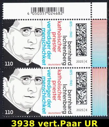 BUND 2025 Michel-# 3938 postfrisch vert.PAAR ECKRAND oben rechts