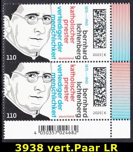 BUND 2025 Michel-# 3938 postfrisch vert.PAAR ECKRAND unten rechts