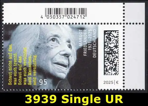 BUND 2025 Michel-# 3939 postfrisch EINZELMARKE ECKRAND oben rechts