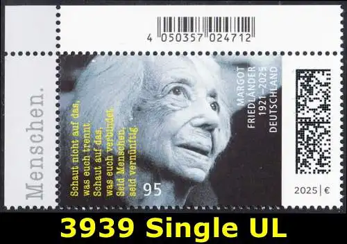BUND 2025 Michel-# 3939 postfrisch EINZELMARKE ECKRAND oben links