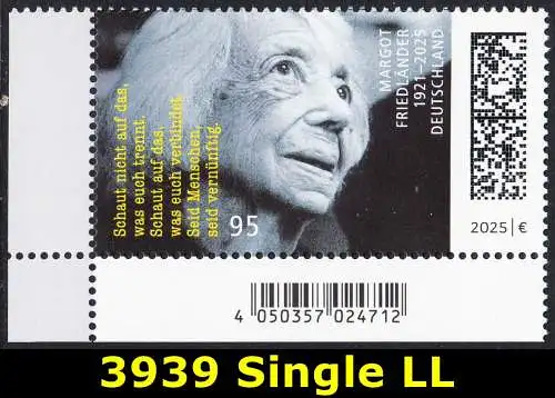 BUND 2025 Michel-# 3939 postfrisch EINZELMARKE ECKRAND unten links