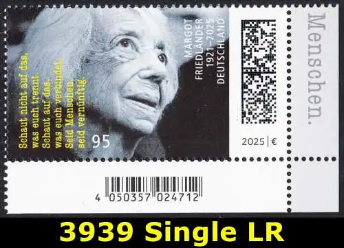 BUND 2025 Michel-# 3939 postfrisch EINZELMARKE ECKRAND unten rechts