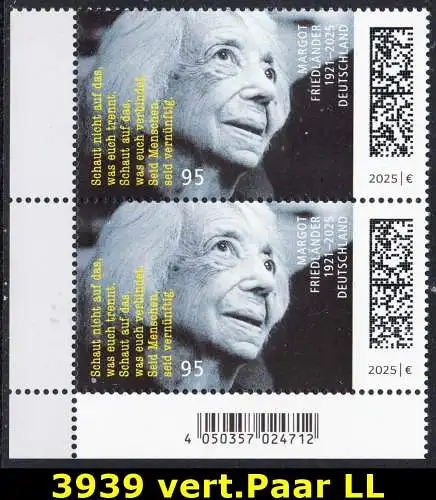 BUND 2025 Michel-# 3939 postfrisch vert.PAAR ECKRAND unten links 