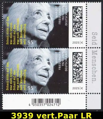 BUND 2025 Michel-# 3939 postfrisch vert.PAAR ECKRAND unten rechts