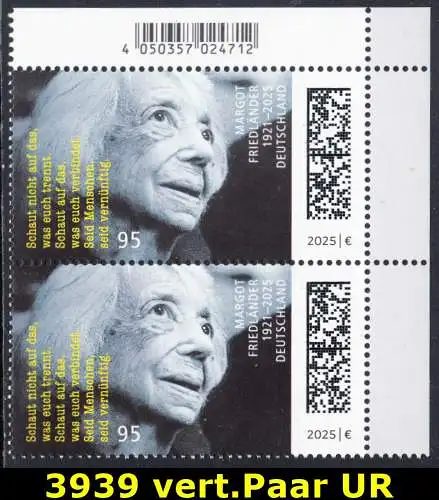 BUND 2025 Michel-# 3939 postfrisch vert.PAAR ECKRAND oben rechts