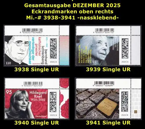 BUND 2025 Michel-# 3938-3941 postfrisch Gesamtausgabe DEZEMBER 2025: 4 EINZELMARKEN ECKRÄNDER oben rechts