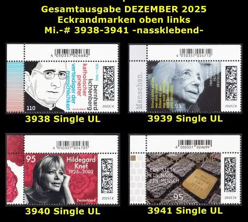BUND 2025 Michel-# 3938-3941 postfrisch Gesamtausgabe DEZEMBER 2025: 4 EINZELMARKEN ECKRÄNDER oben links
