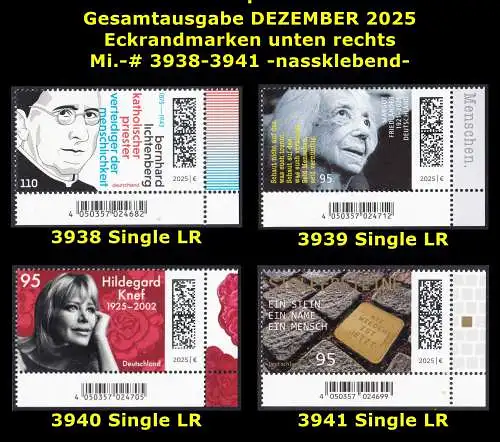 BUND 2025 Michel-# 3938-3941 postfrisch Gesamtausgabe DEZEMBER 2025: 4 EINZELMARKEN ECKRÄNDER unten rechts