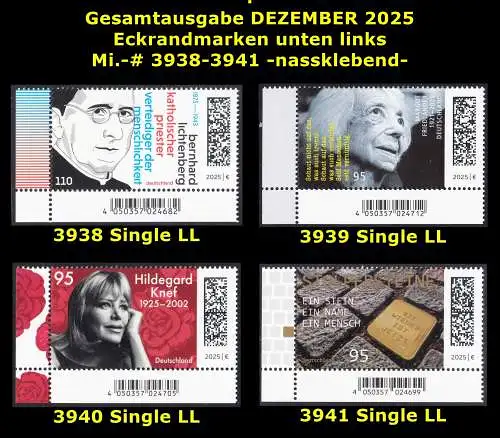 BUND 2025 Michel-# 3938-3941 postfrisch Gesamtausgabe DEZEMBER 2025: 4 EINZELMARKEN ECKRÄNDER unten links