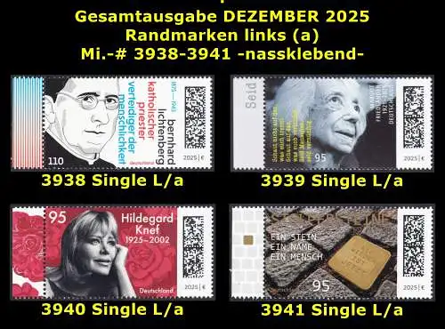 BUND 2025 Michel-# 3938-3941 postfrisch Gesamtausgabe DEZEMBER 2025: 4 EINZELMARKEN RÄNDER links (a)