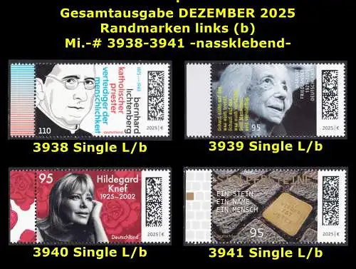 BUND 2025 Michel-# 3938-3941 postfrisch Gesamtausgabe DEZEMBER 2025: 4 EINZELMARKEN RÄNDER links (b)