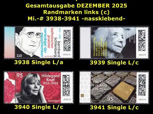 BUND 2025 Michel-# 3938-3941 postfrisch Gesamtausgabe DEZEMBER 2025: 4 EINZELMARKEN RÄNDER links (c)