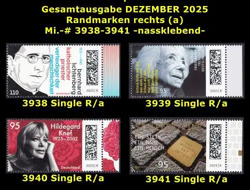 BUND 2025 Michel-# 3938-3941 postfrisch Gesamtausgabe DEZEMBER 2025: 4 EINZELMARKEN RÄNDER rechts (a)
