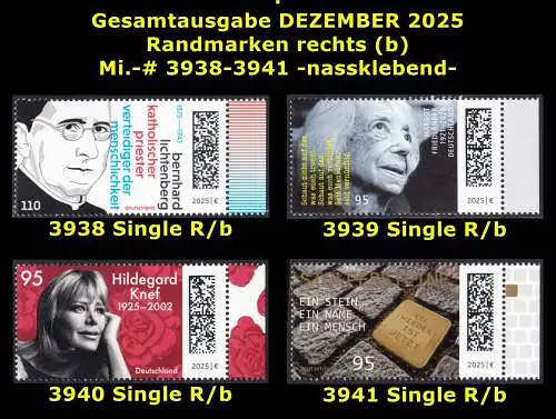 BUND 2025 Michel-# 3938-3941 postfrisch Gesamtausgabe DEZEMBER 2025: 4 EINZELMARKEN RÄNDER rechts (b)