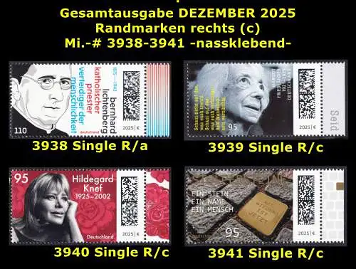 BUND 2025 Michel-# 3938-3941 postfrisch Gesamtausgabe DEZEMBER 2025: 4 EINZELMARKEN RÄNDER rechts (c)