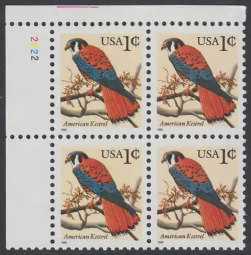 USA Michel 2559 / Scott 2477 postfrisch PLATEBLOCK ECKRAND oben links Platten-# 2222 - Tiere: Buntfalke