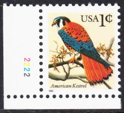 USA Michel 2559 / Scott 2477 postfrisch EINZELMARKE ECKRAND unten links m/ Platten-# 2222 - Tiere: Buntfalke