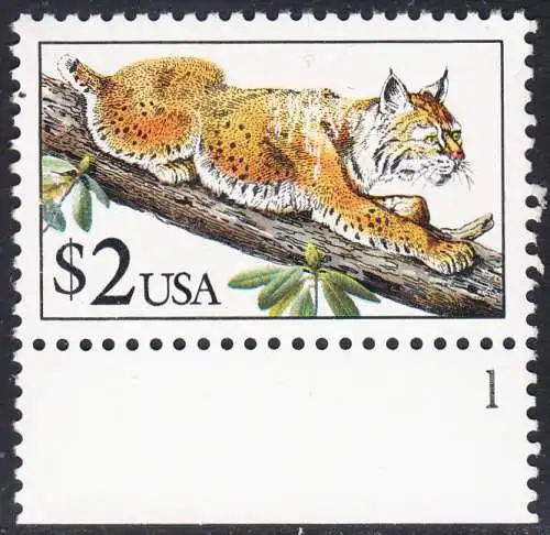 USA Michel 2092 / Scott 2482 postfrisch EINZELMARKE RAND unten m/ Platten-# 1 - Tiere: Rotluchs